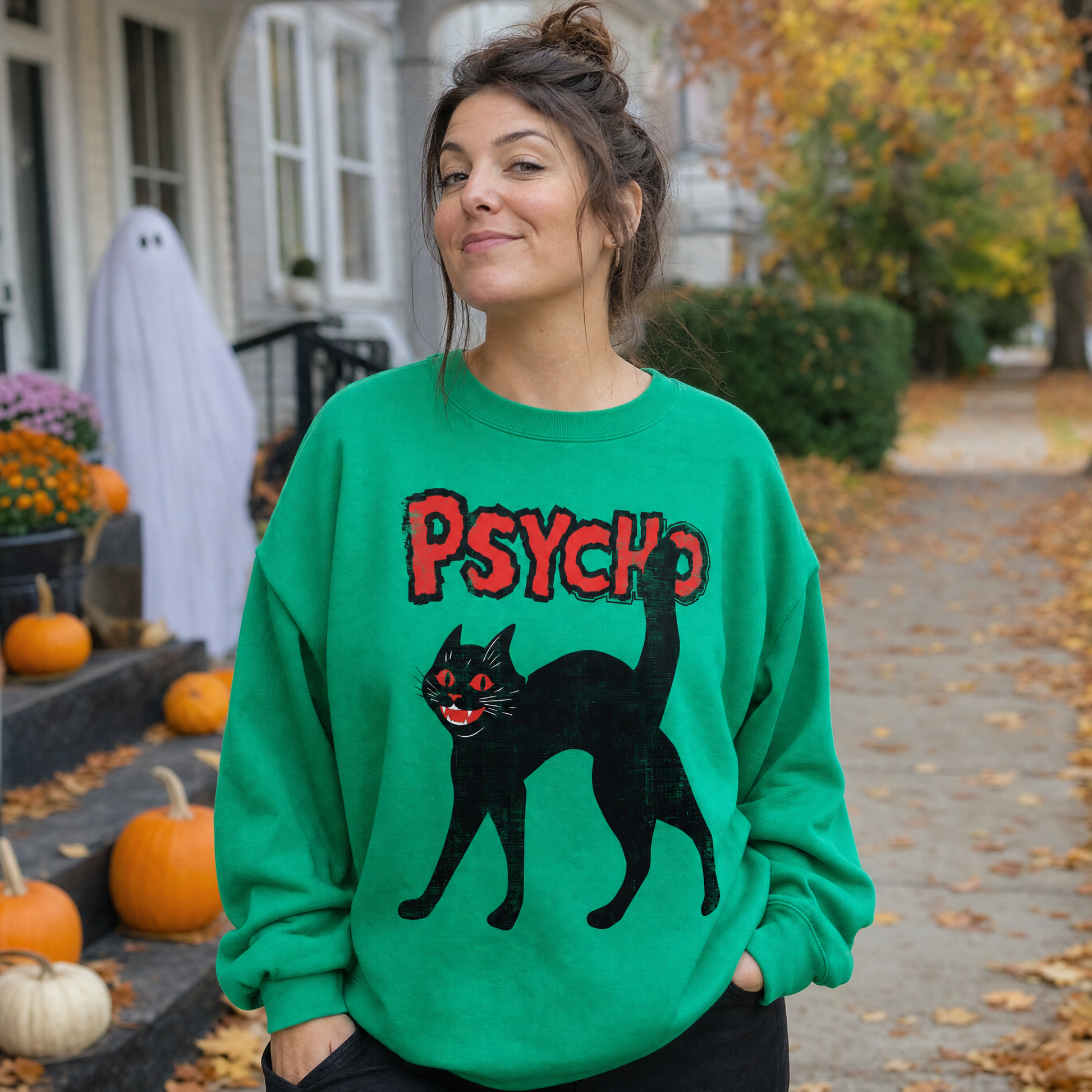 Model wearing the Psycho Black Cat sweatshirt in Irish Green