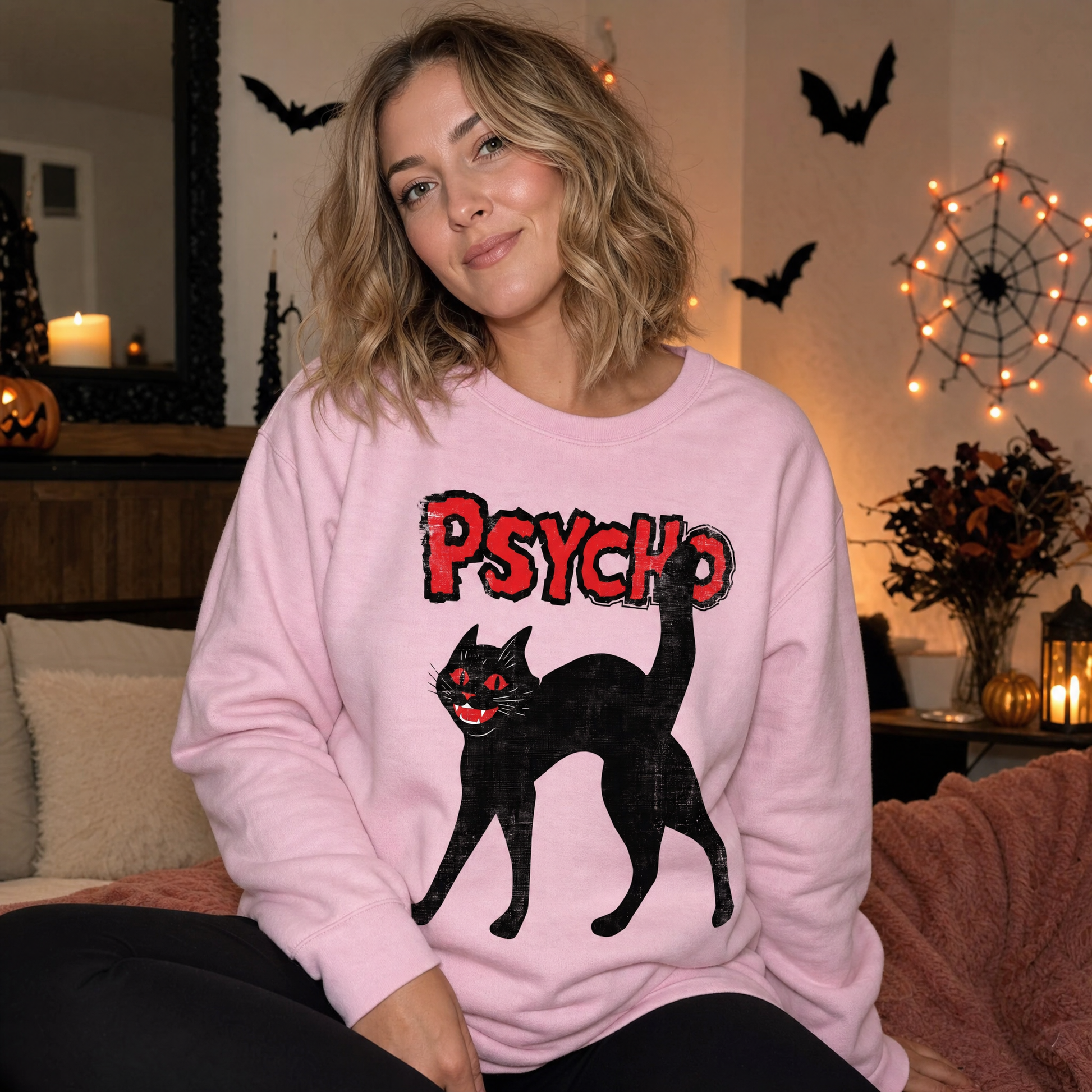 Model wearing the Psycho Black Cat sweatshirt in Light Pink