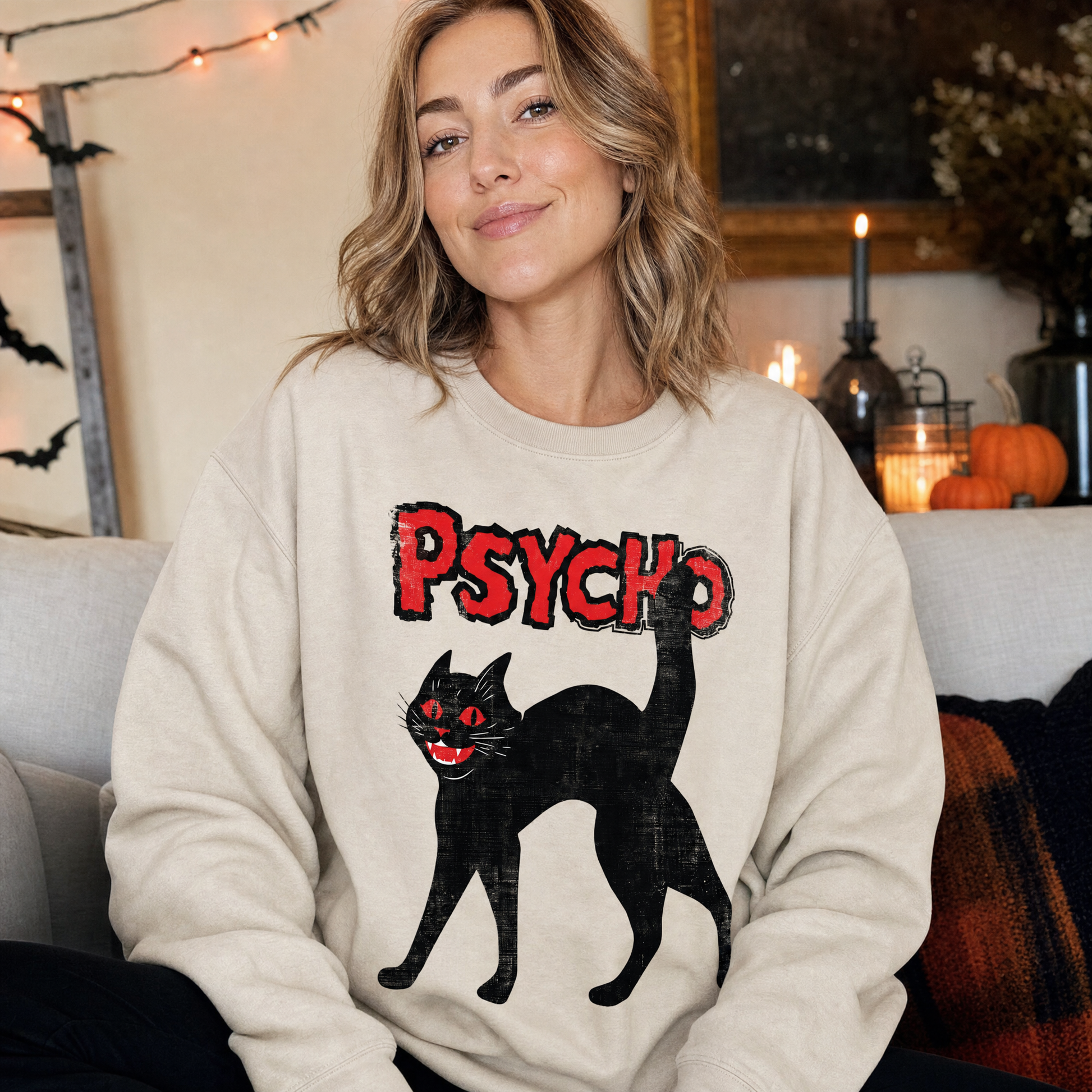 Model wearing the Psycho Black Cat sweatshirt in Sand