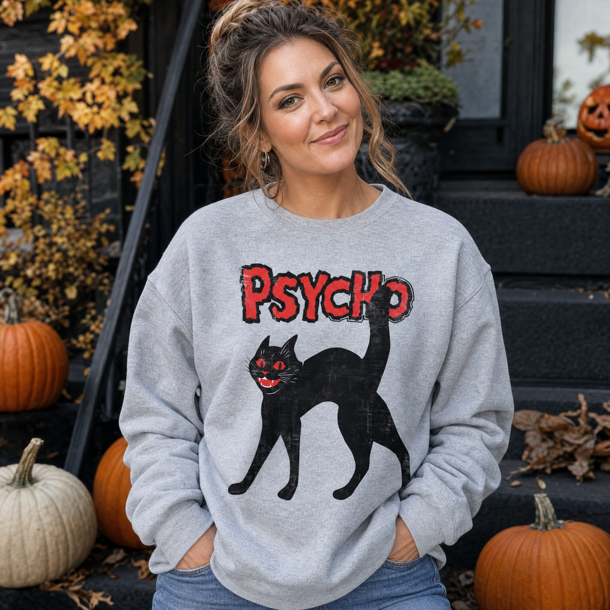 Model wearing the Psycho Black Cat sweatshirt in Sport Grey, lifestyle image 1
