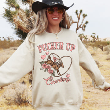 Pucker Up Cowboy, Valentine's Day, Western, Rodeo, Horse, Love, Heart Sweatshirt