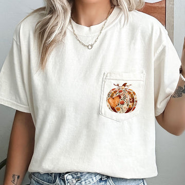 Pumpkin, Heart, Thanksgiving, Flowers, Pocket Tee Comfort Colors T-Shirt