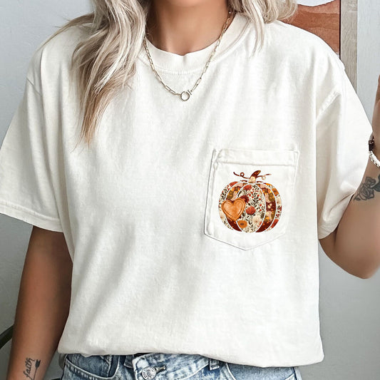 Pumpkin, Heart, Thanksgiving, Flowers, Pocket Tee