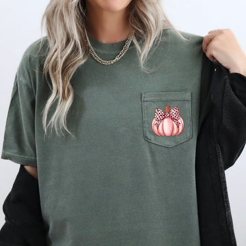 Pumpkin, Leopard Print Bow, Autumn, Halloween, Pocket Tee Comfort Colors T-Shirt
