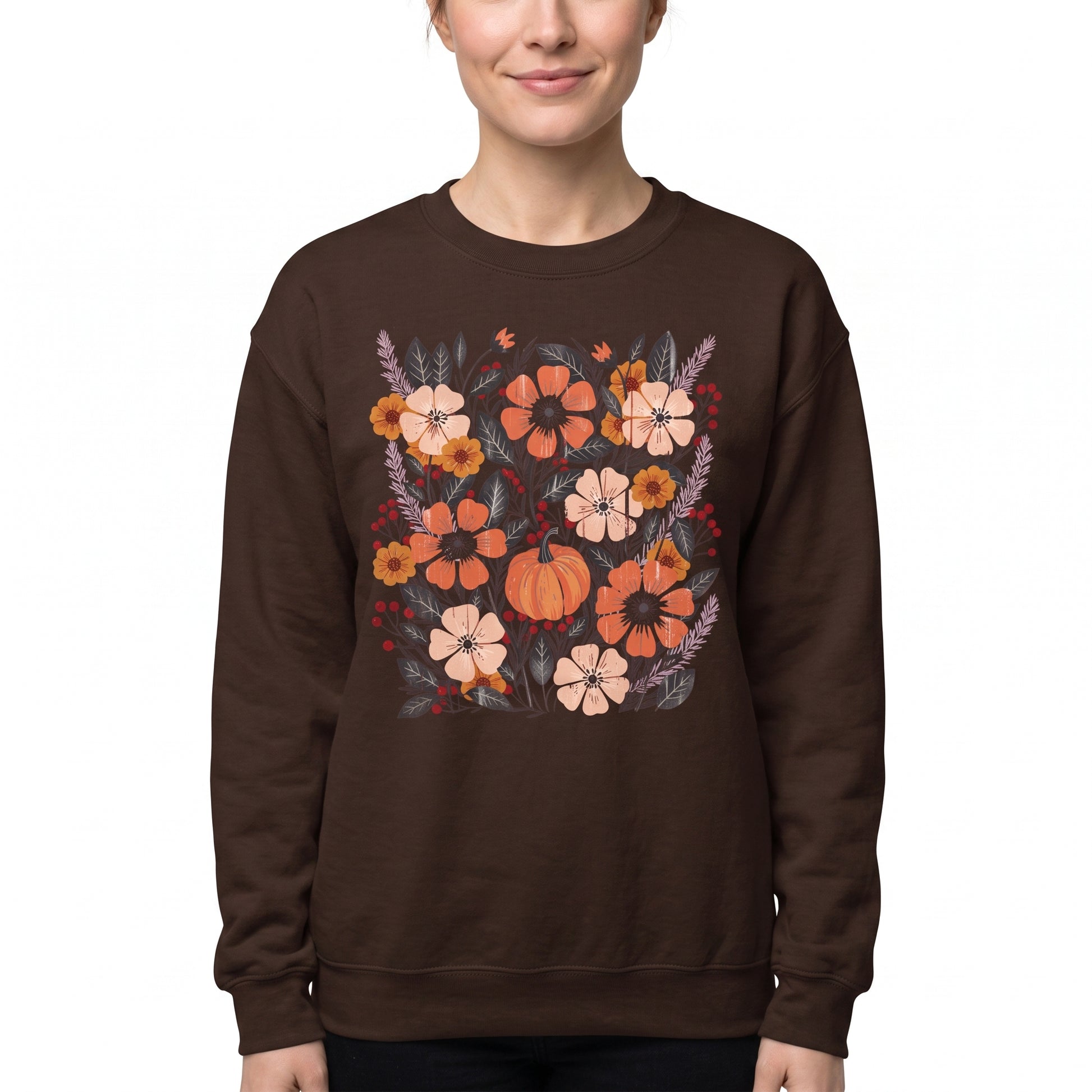 Model wearing the Pumpkin Patch Blooms sweatshirt in Dark Chocolate