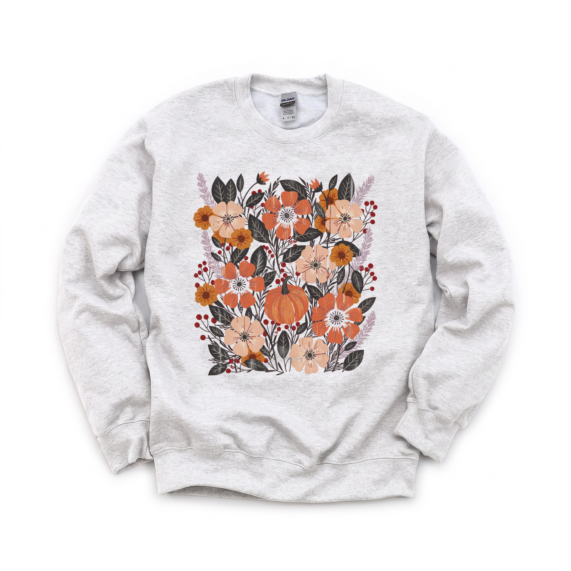 Pumpkin Patch Blooms graphic on Gildan 18000 in Ash