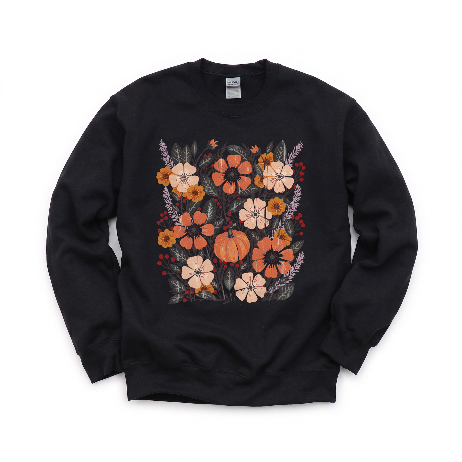 Pumpkin Patch Blooms graphic on Gildan 18000 in Black
