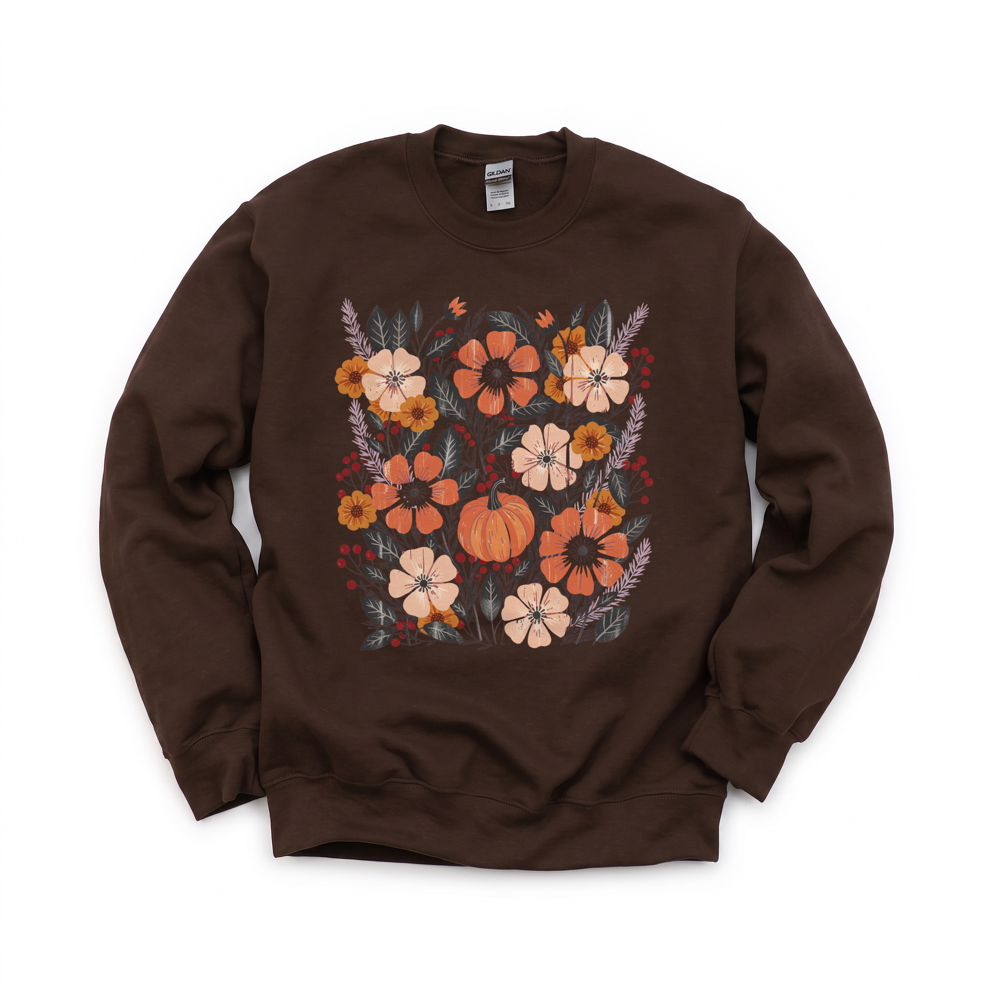 Pumpkin Patch Blooms graphic on Gildan 18000 in Dark Chocolate