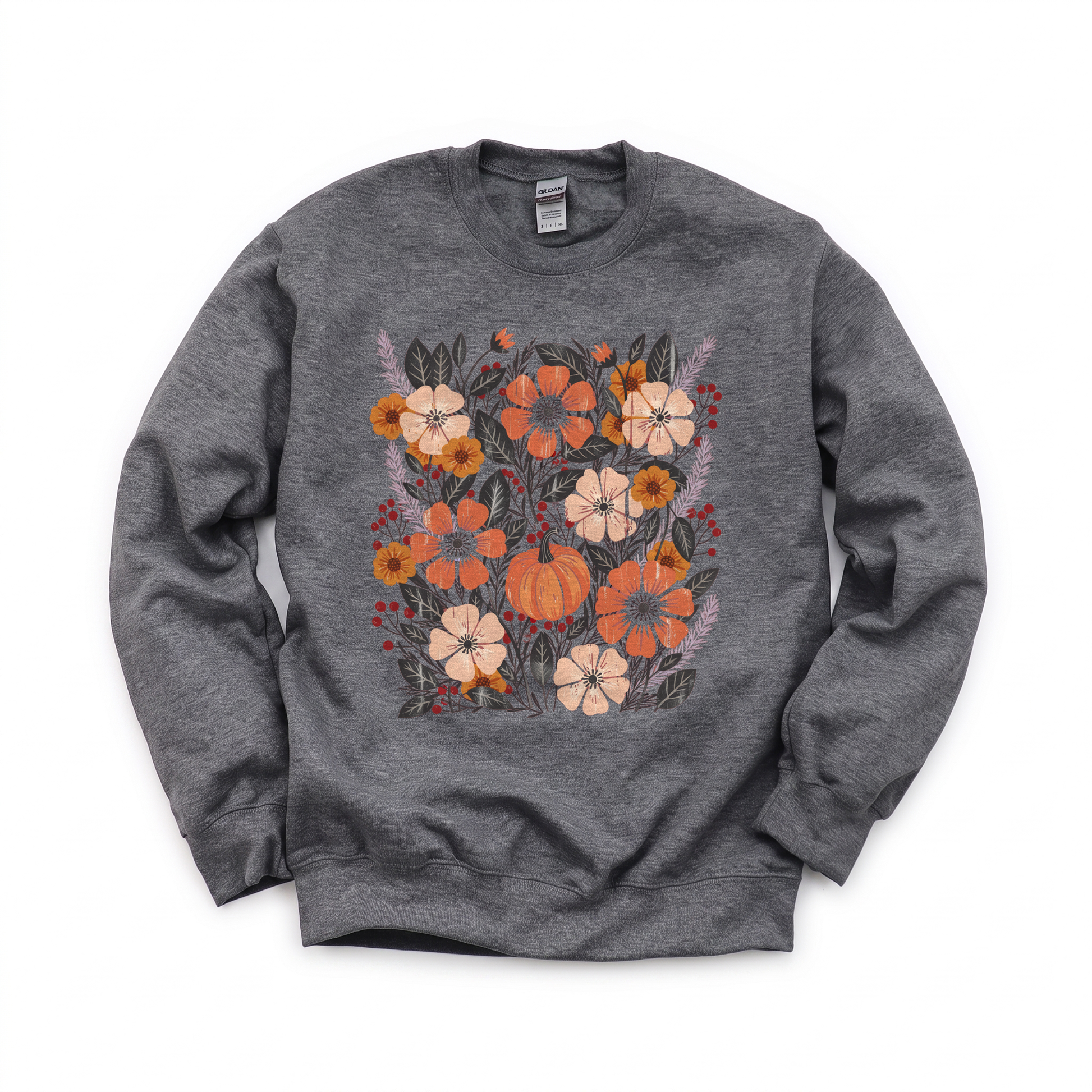 Pumpkin Patch Blooms graphic on Gildan 18000 in Dark Heather