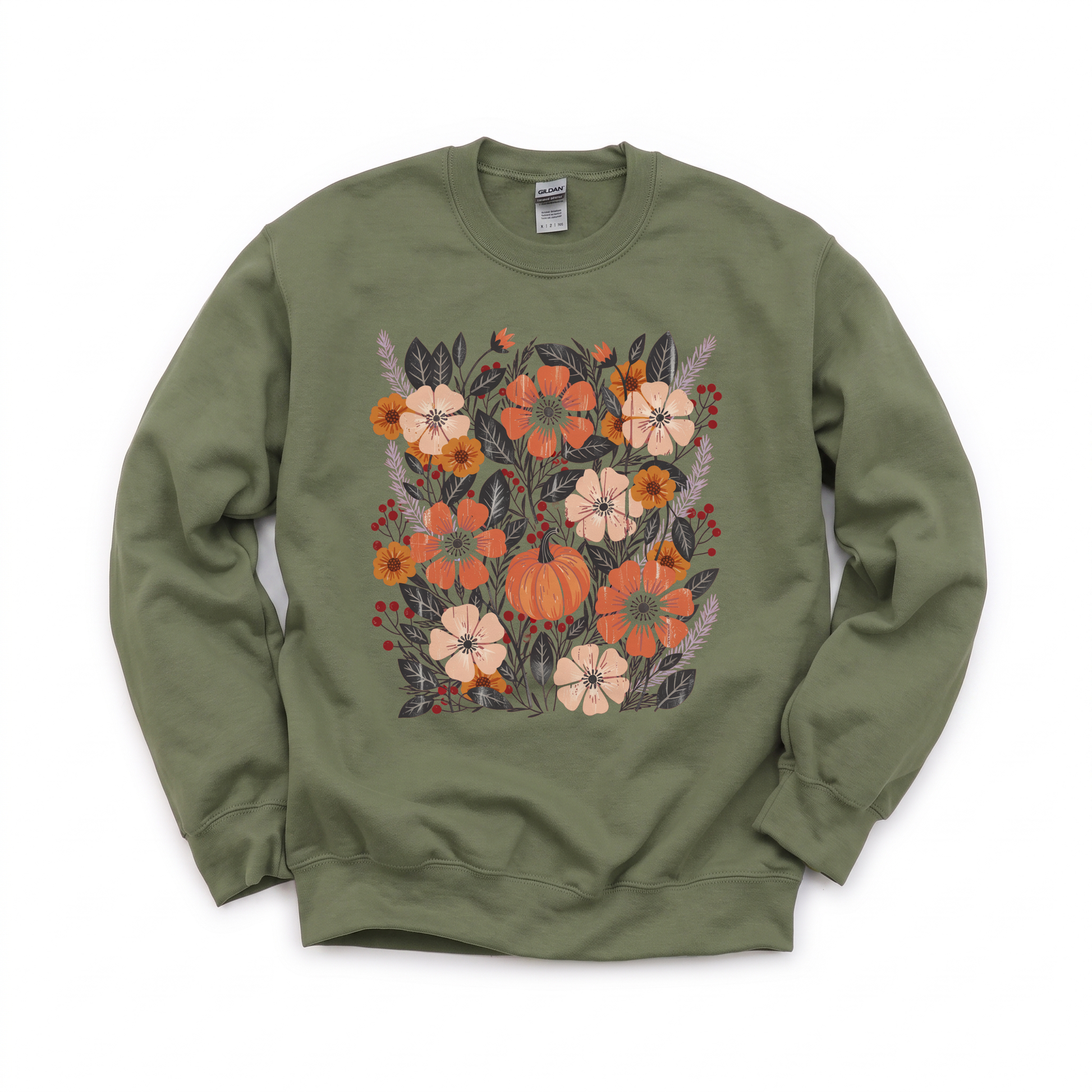 Pumpkin Patch Blooms graphic on Gildan 18000 in Military Green