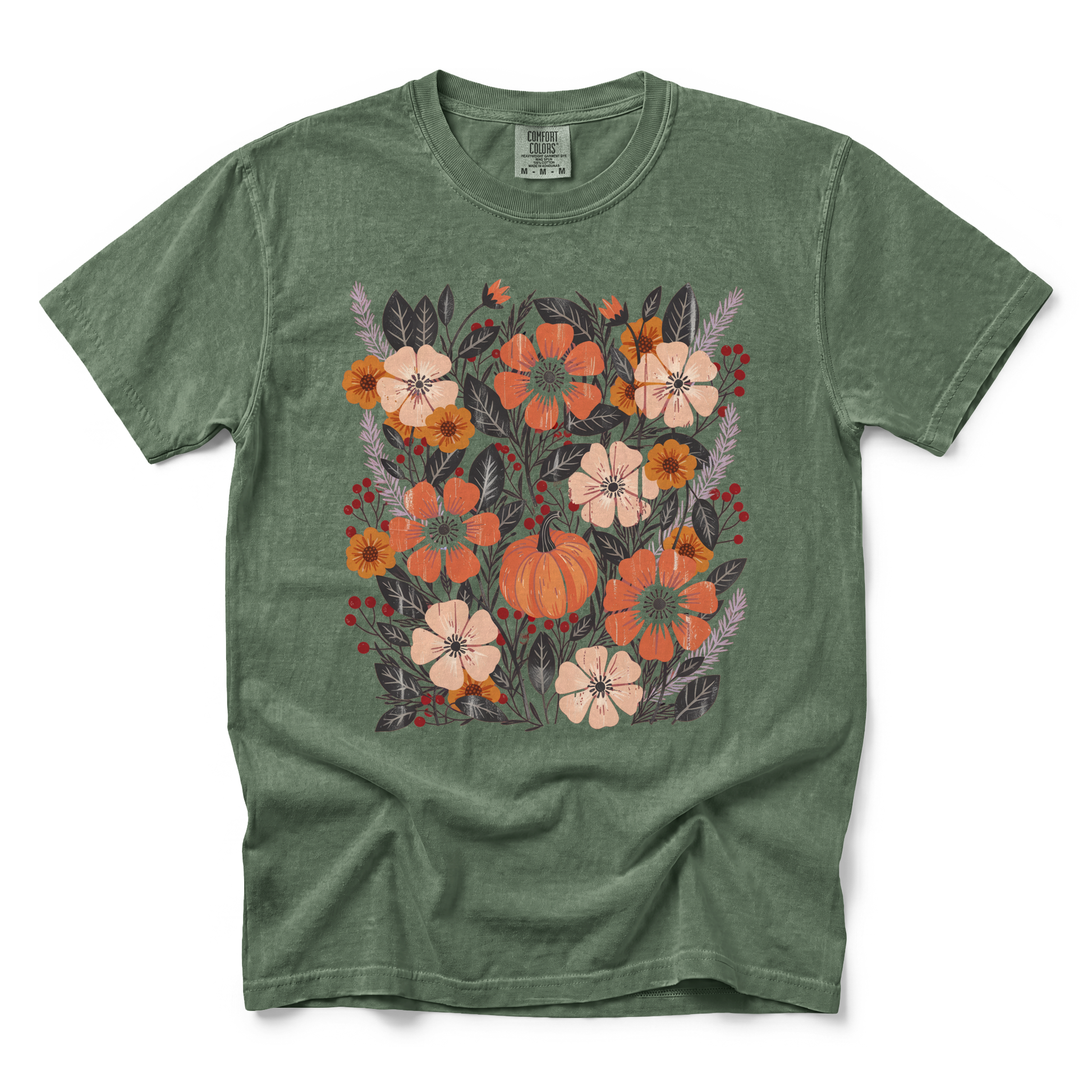 Pumpkin Patch Blooms graphic on Comfort Colors 1717 in Moss