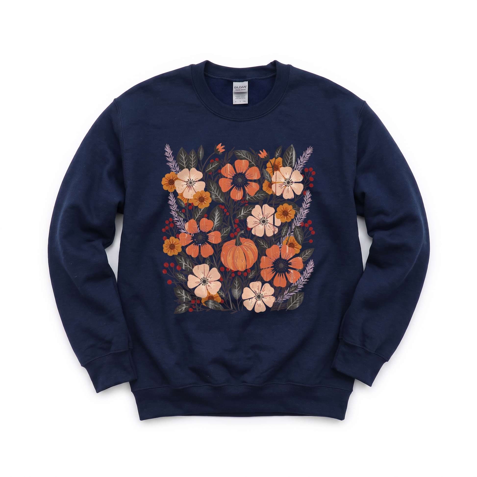 Pumpkin Patch Blooms graphic on Gildan 18000 in Navy