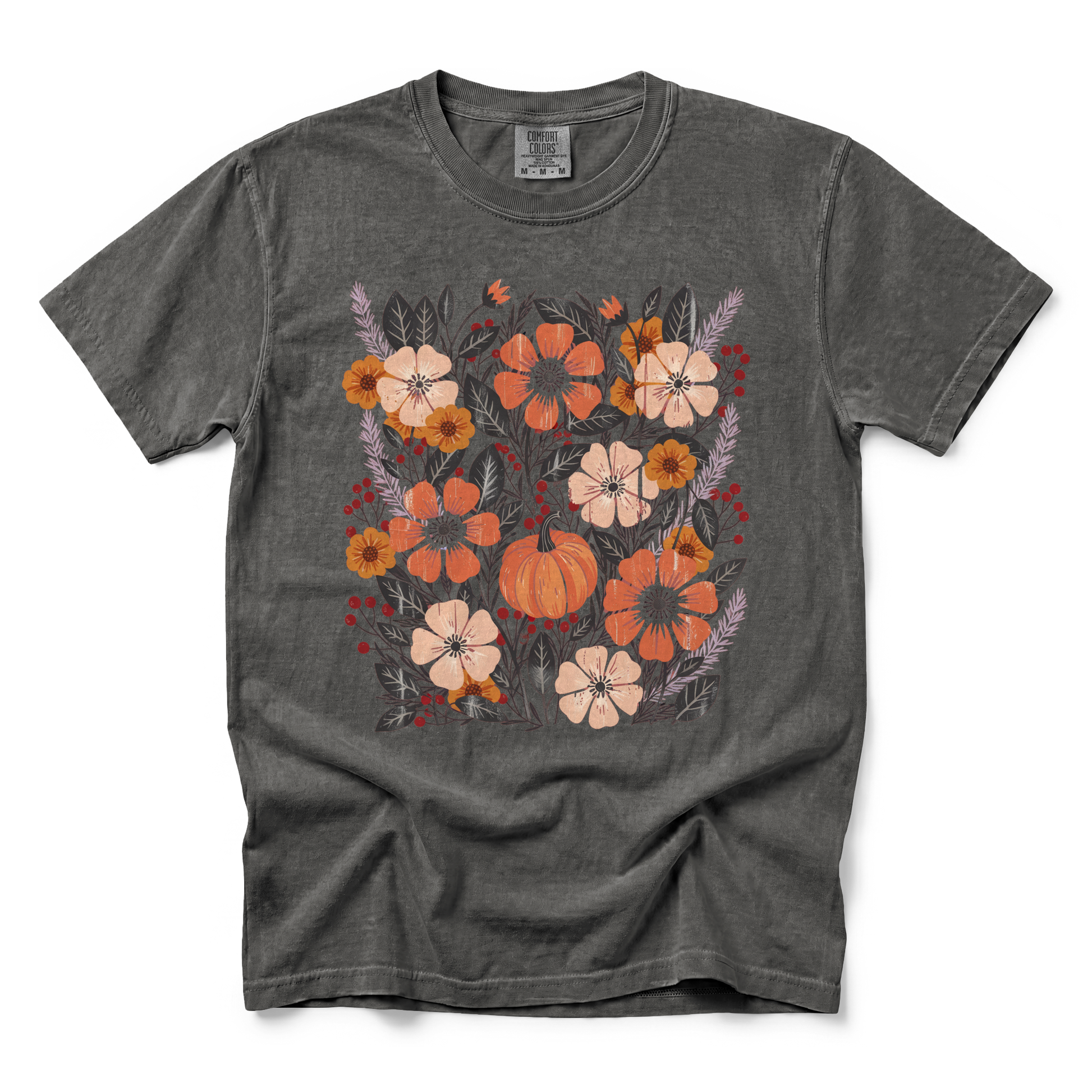 Pumpkin Patch Blooms graphic on Comfort Colors 1717 in Pepper
