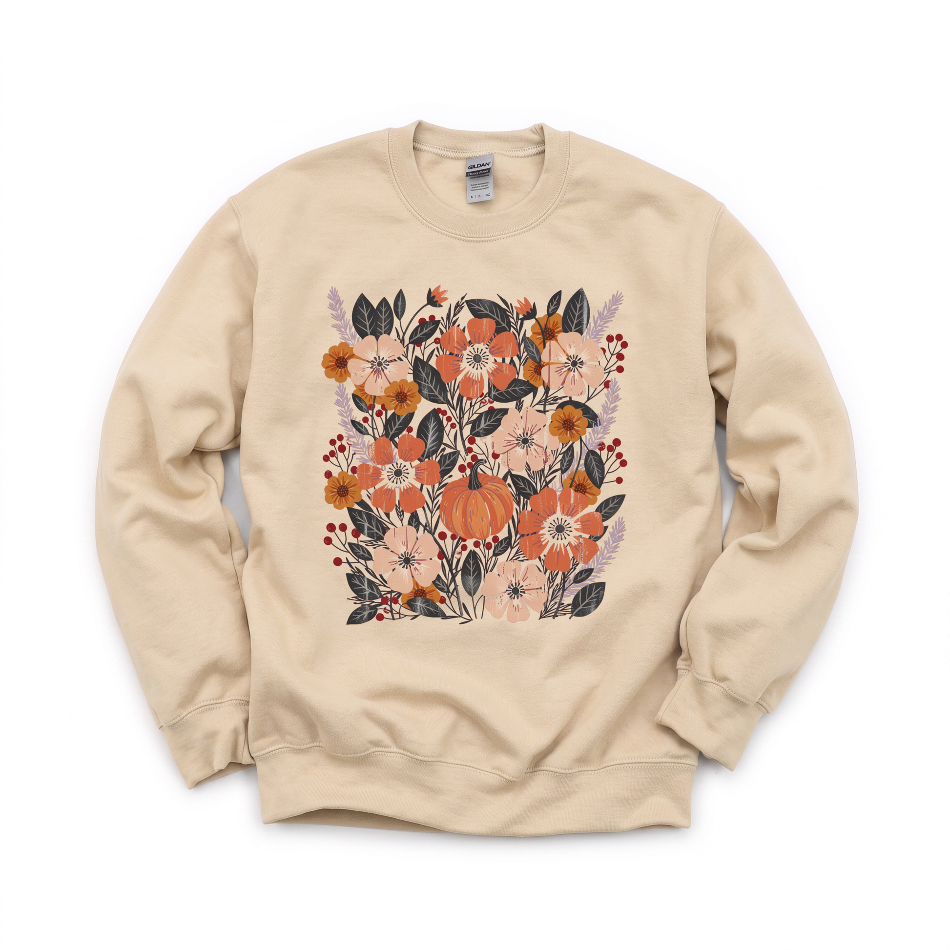 Pumpkin Patch Blooms graphic on Gildan 18000 in Sand