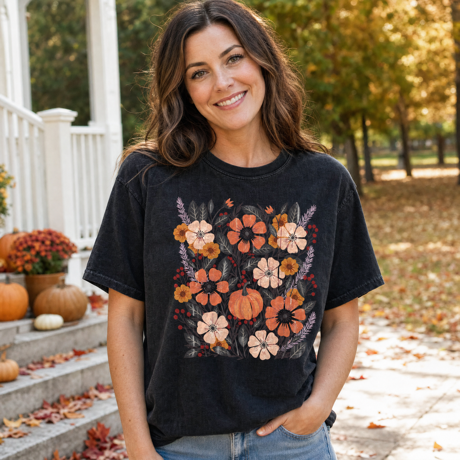 Model wearing the Pumpkin Patch Blooms comfort colors tee in Black