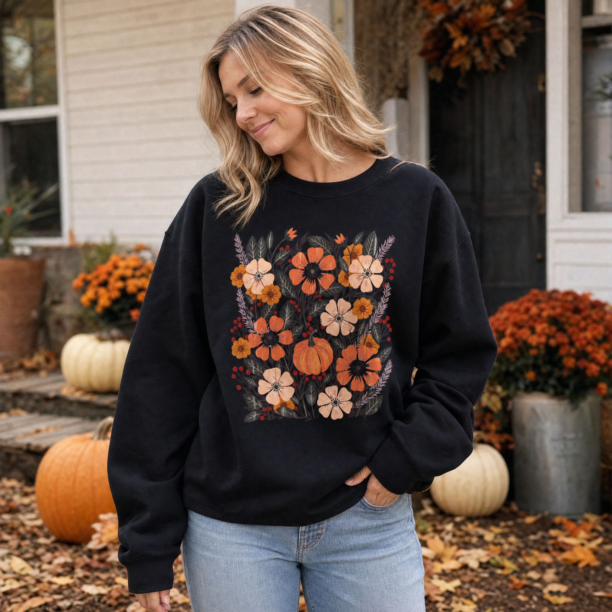 Model wearing the Pumpkin Patch Blooms sweatshirt in Black