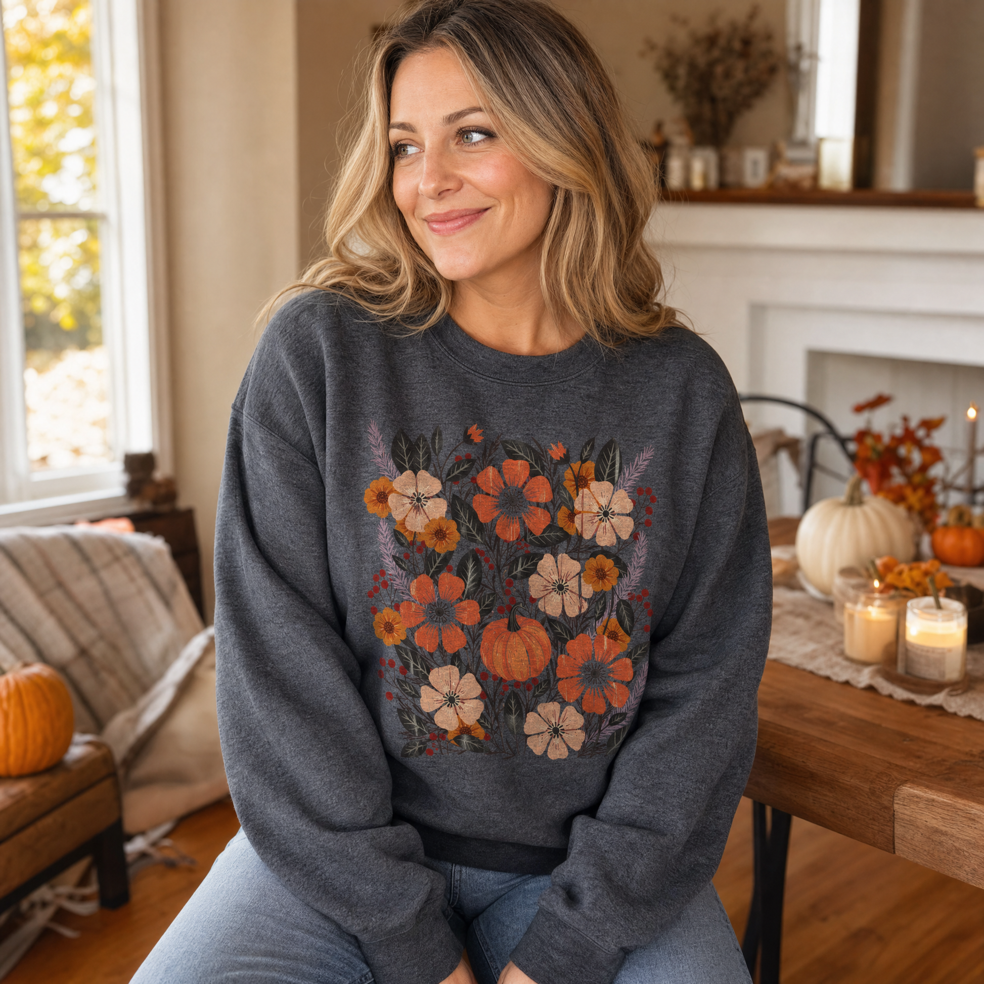 Model wearing the Pumpkin Patch Blooms sweatshirt in Dark Heather