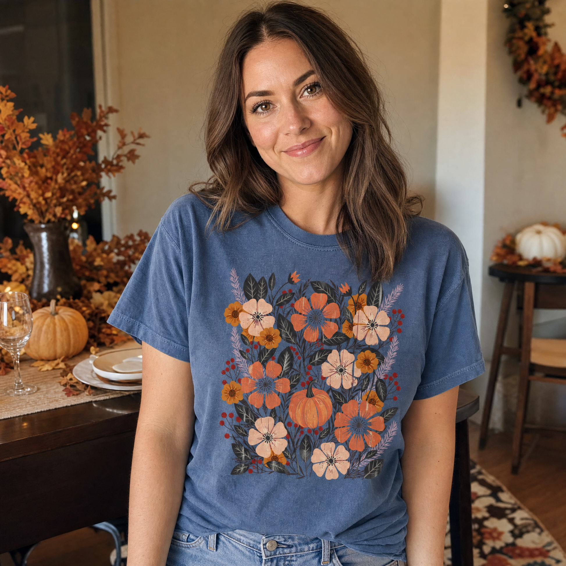 Model wearing the Pumpkin Patch Blooms comfort colors tee in Denim