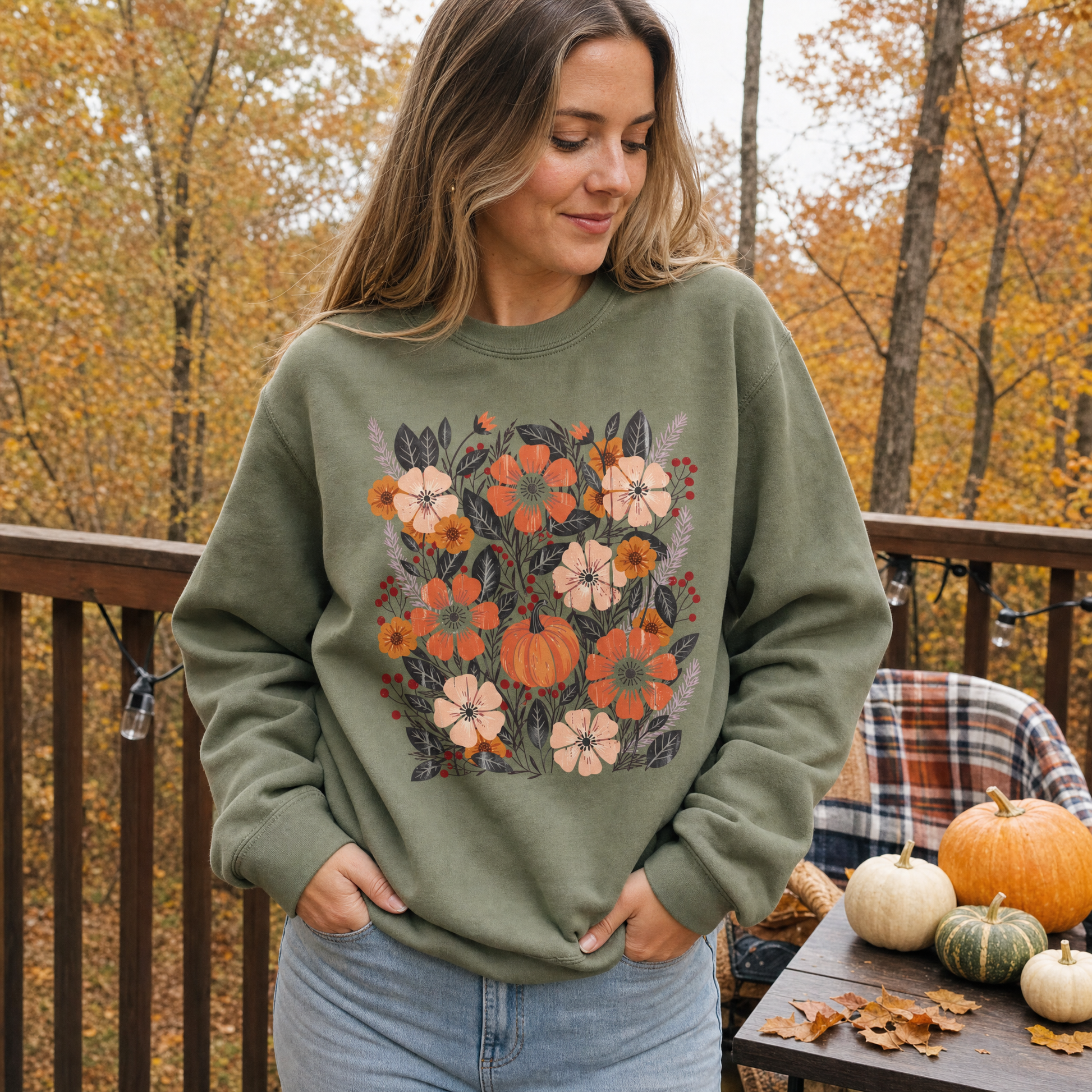 Model wearing the Pumpkin Patch Blooms sweatshirt in Military Green