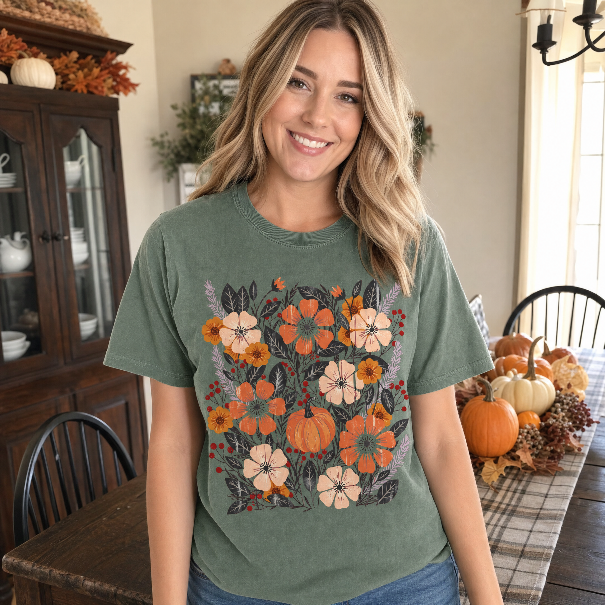 Model wearing the Pumpkin Patch Blooms comfort colors tee in Moss