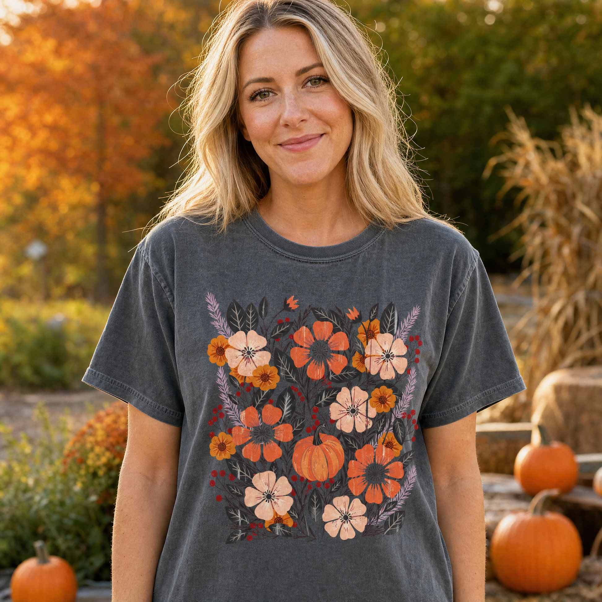 Model wearing the Pumpkin Patch Blooms comfort colors tee in Pepper
