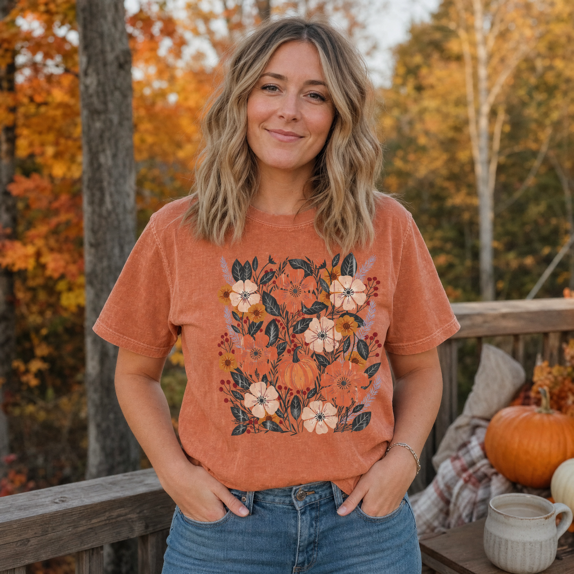 Model wearing the Pumpkin Patch Blooms comfort colors tee in Yam