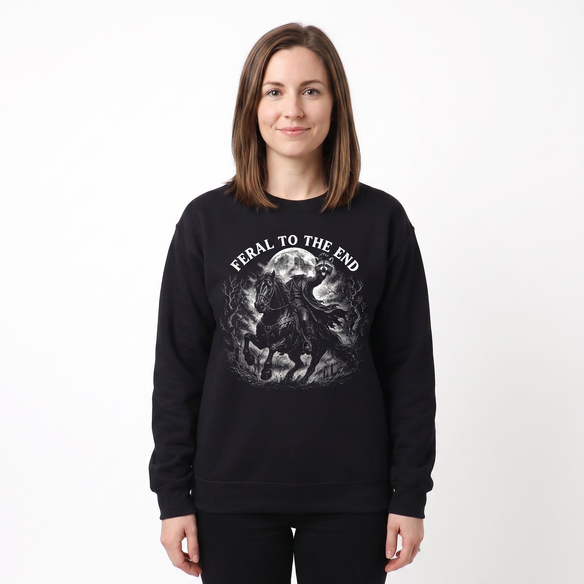 Model wearing the Raccoon Feral Headless Horseman sweatshirt in Black, cover image 1