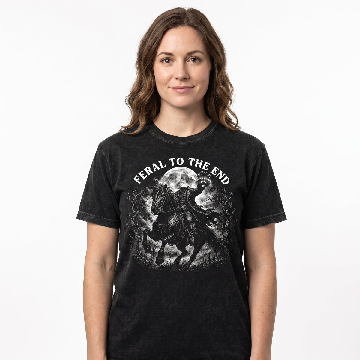 Model wearing the Raccoon Feral Headless Horseman comfort colors tee in Black, cover image 1