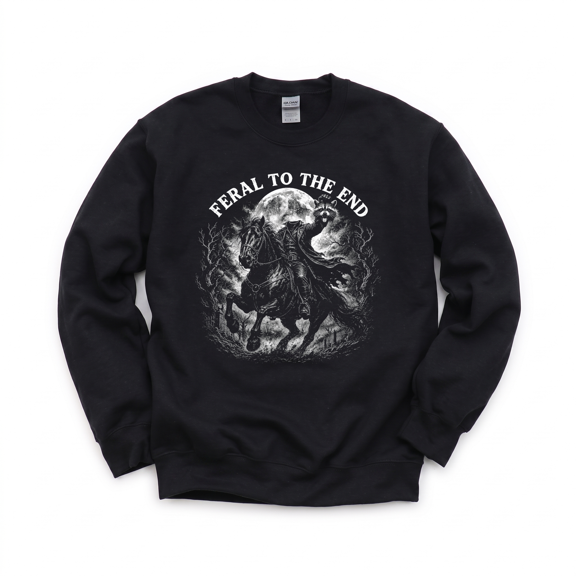 Raccoon Feral Headless Horseman graphic on Gildan 18000 in Black