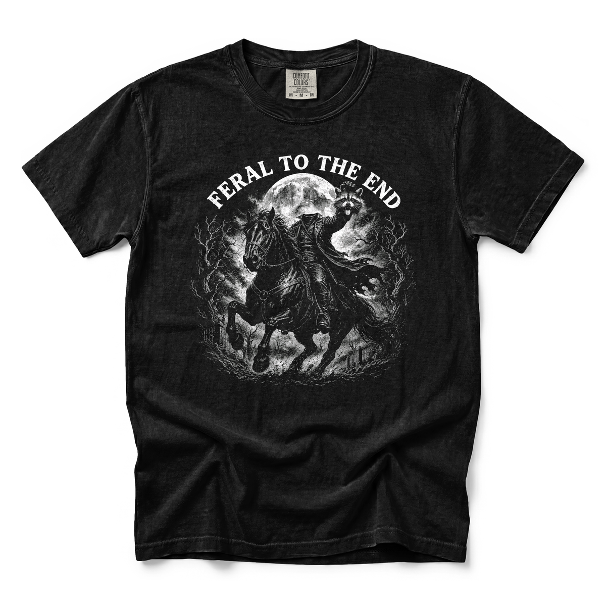 Raccoon Feral Headless Horseman graphic on Comfort Colors 1717 in Black