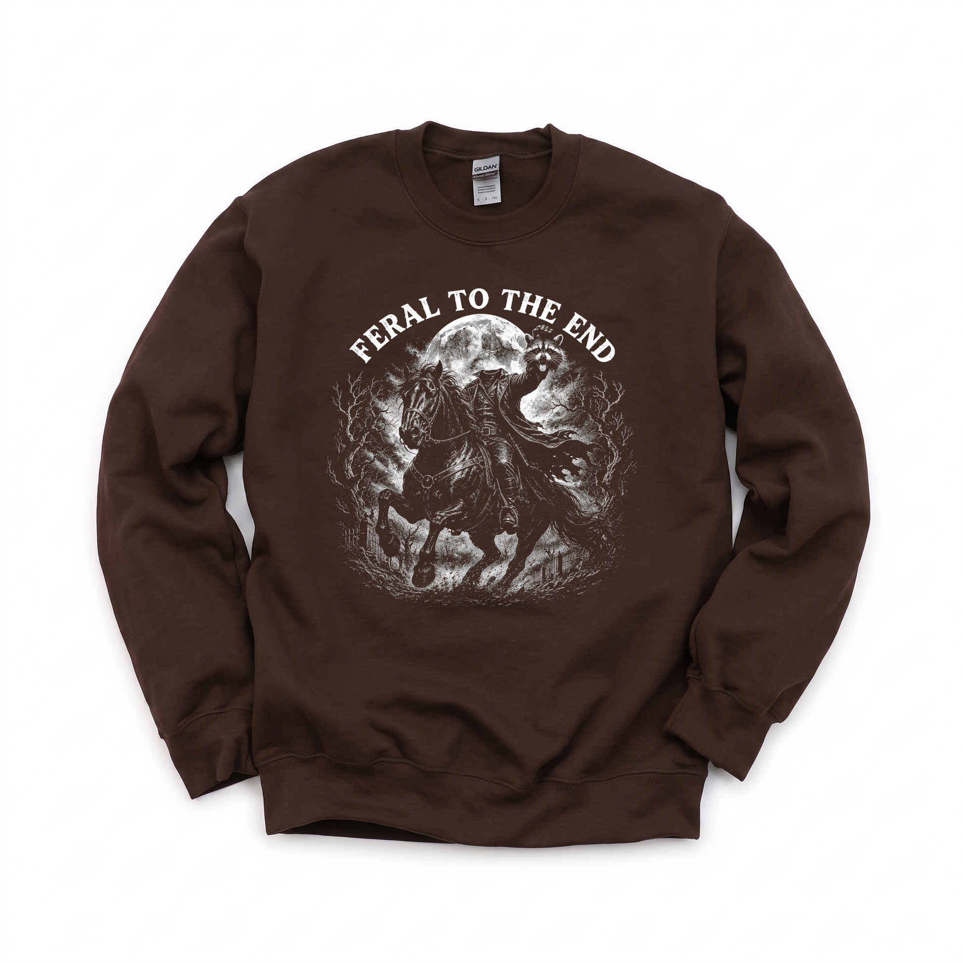 Raccoon Feral Headless Horseman graphic on Gildan 18000 in Dark Chocolate
