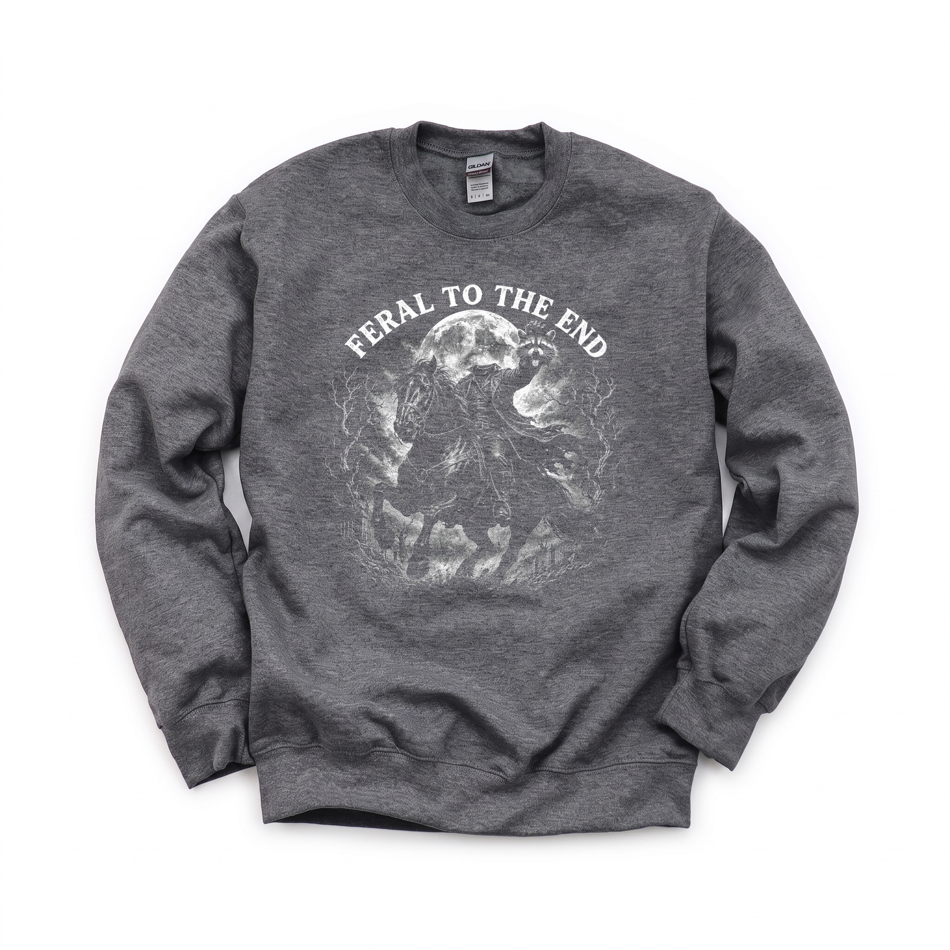 Raccoon Feral Headless Horseman graphic on Gildan 18000 in Dark Heather