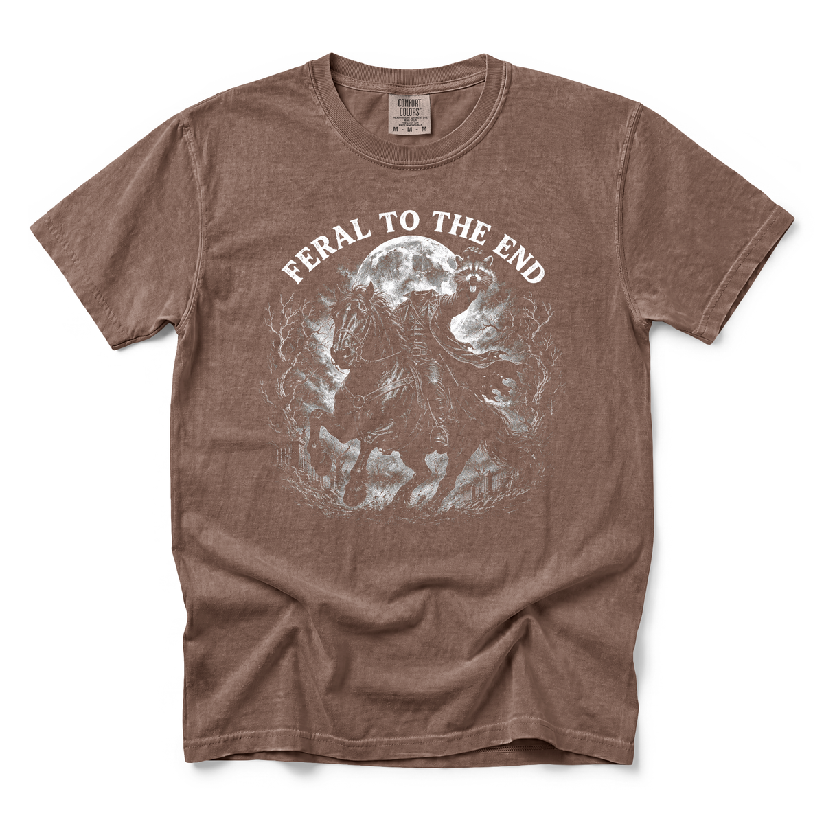 Raccoon Feral Headless Horseman graphic on Comfort Colors 1717 in Espresso