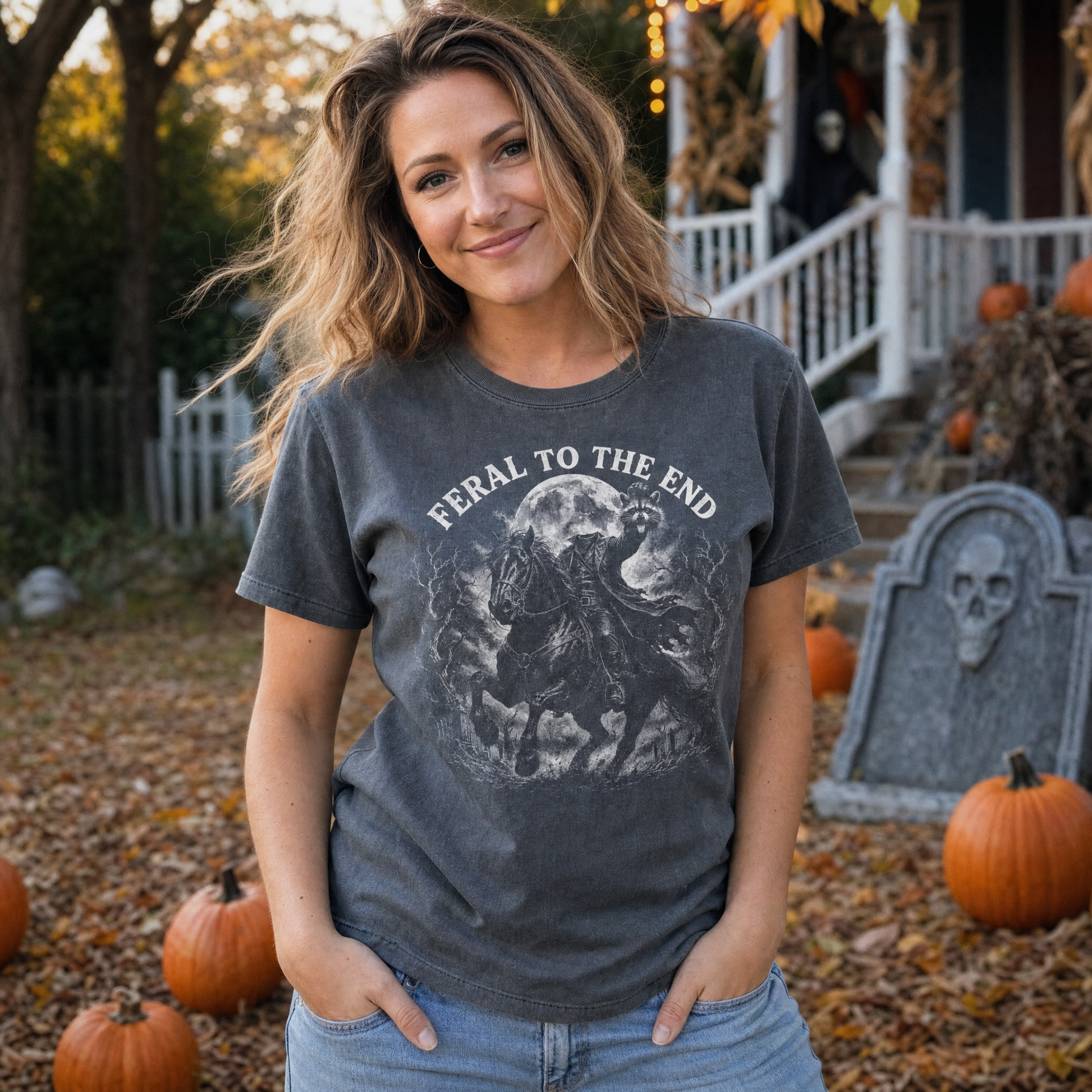 Model wearing the Raccoon Feral Headless Horseman comfort colors tee in Pepper