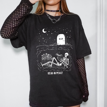 Read In Peace, Skeleton, RIP, Halloween, Booktok, Bookish, Library, Trending Tshirt, Graphic Tee, Black Tshirt