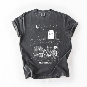 Read In Peace, Skeleton, RIP, Halloween, Booktok, Bookish, Library, Trending Graphic Tee, Comfort Colors T-Shirt
