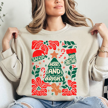 Red Merry and Bright, Candy Cane, Tree, Merry Christmas, Flowers, Floral Sweatshirt