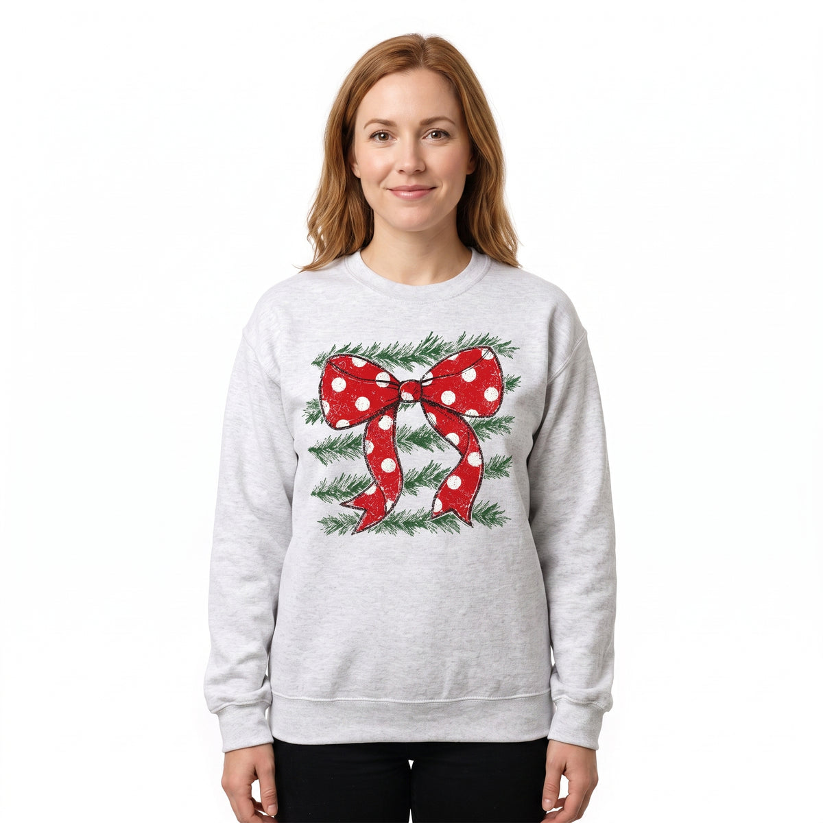 Model wearing the Red Polka Dot Bow sweatshirt in Ash, cover image 1