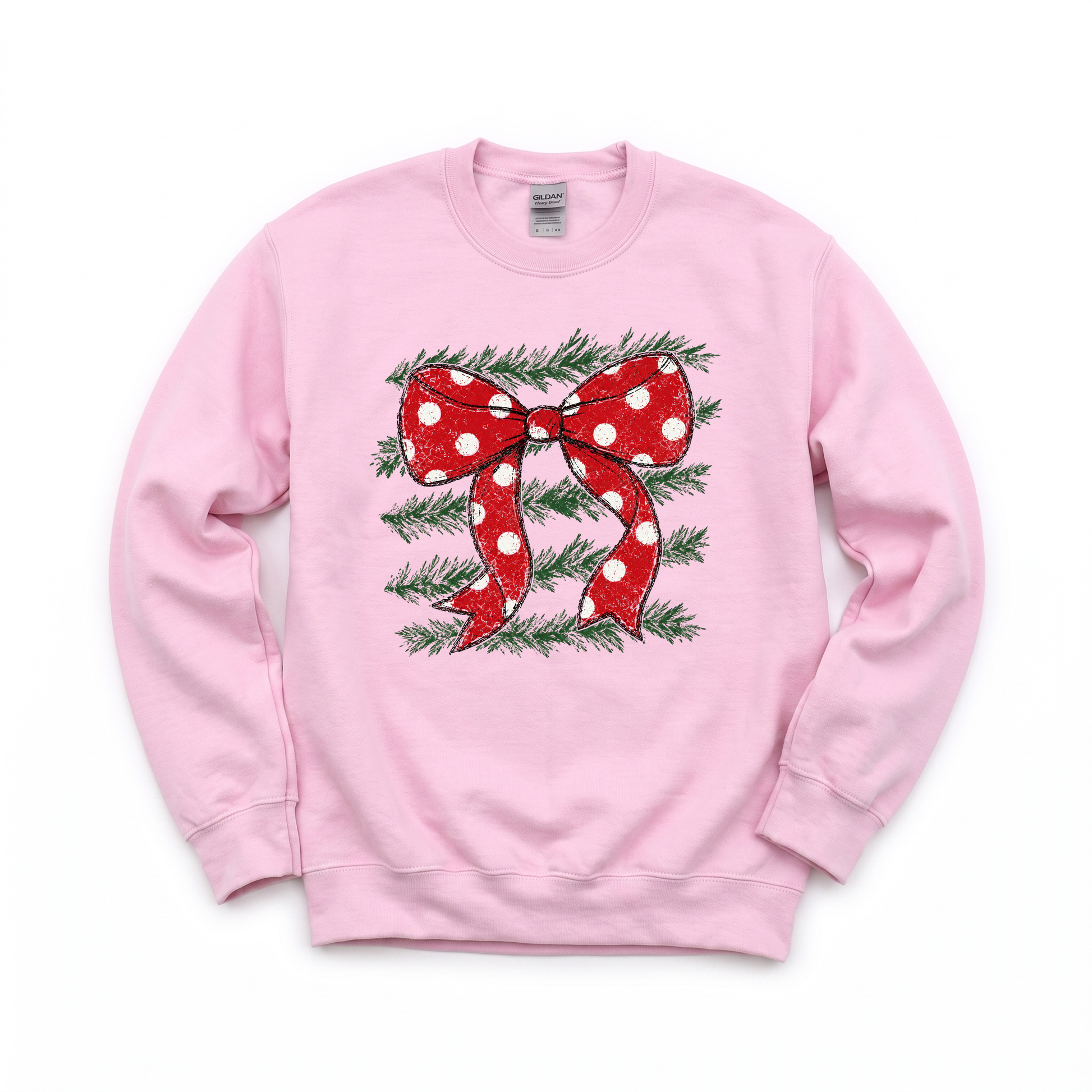 Red Polka Dot Bow graphic on Gildan 18000 in Light Pink
