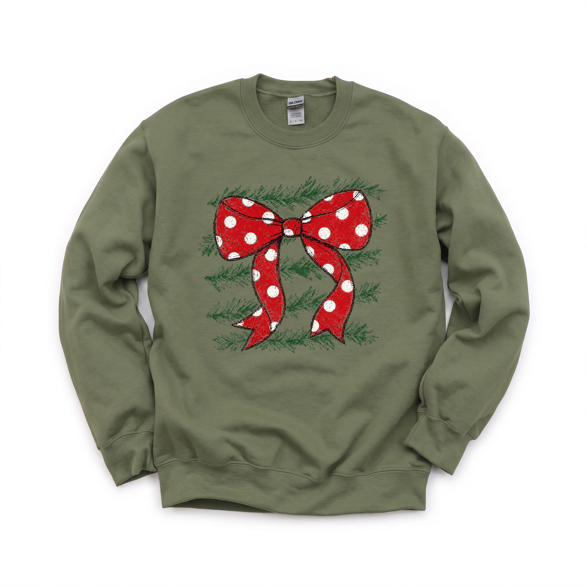 Red Polka Dot Bow graphic on Gildan 18000 in Military Green