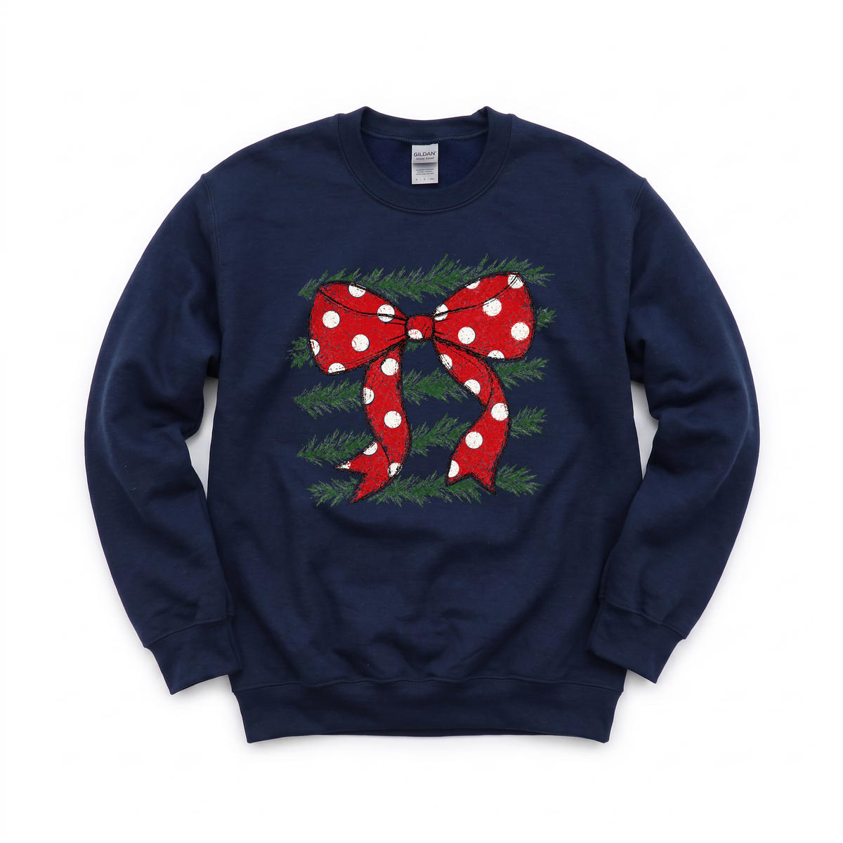 Red Polka Dot Bow graphic on Gildan 18000 in Navy