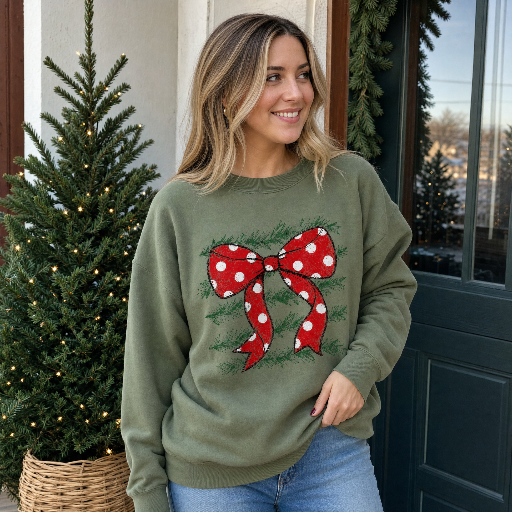 Model wearing the Red Polka Dot Bow sweatshirt in Military Green