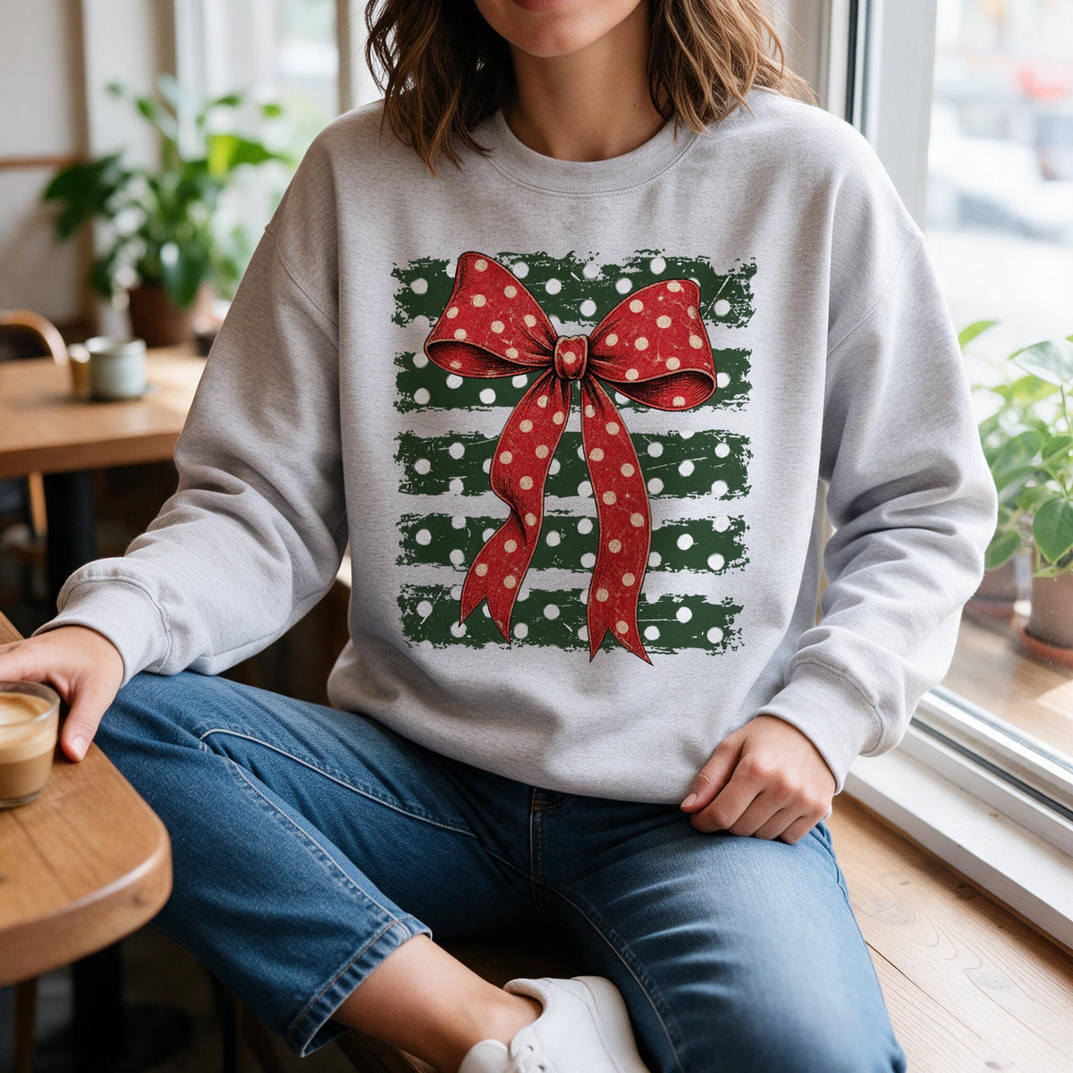 Model wearing the Red Polka Dot Bow sweatshirt in Ash