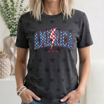 Retro America Varsity Bolt, Fourth of July, America, Patriotic, USA, Star Pattern T-Shirt