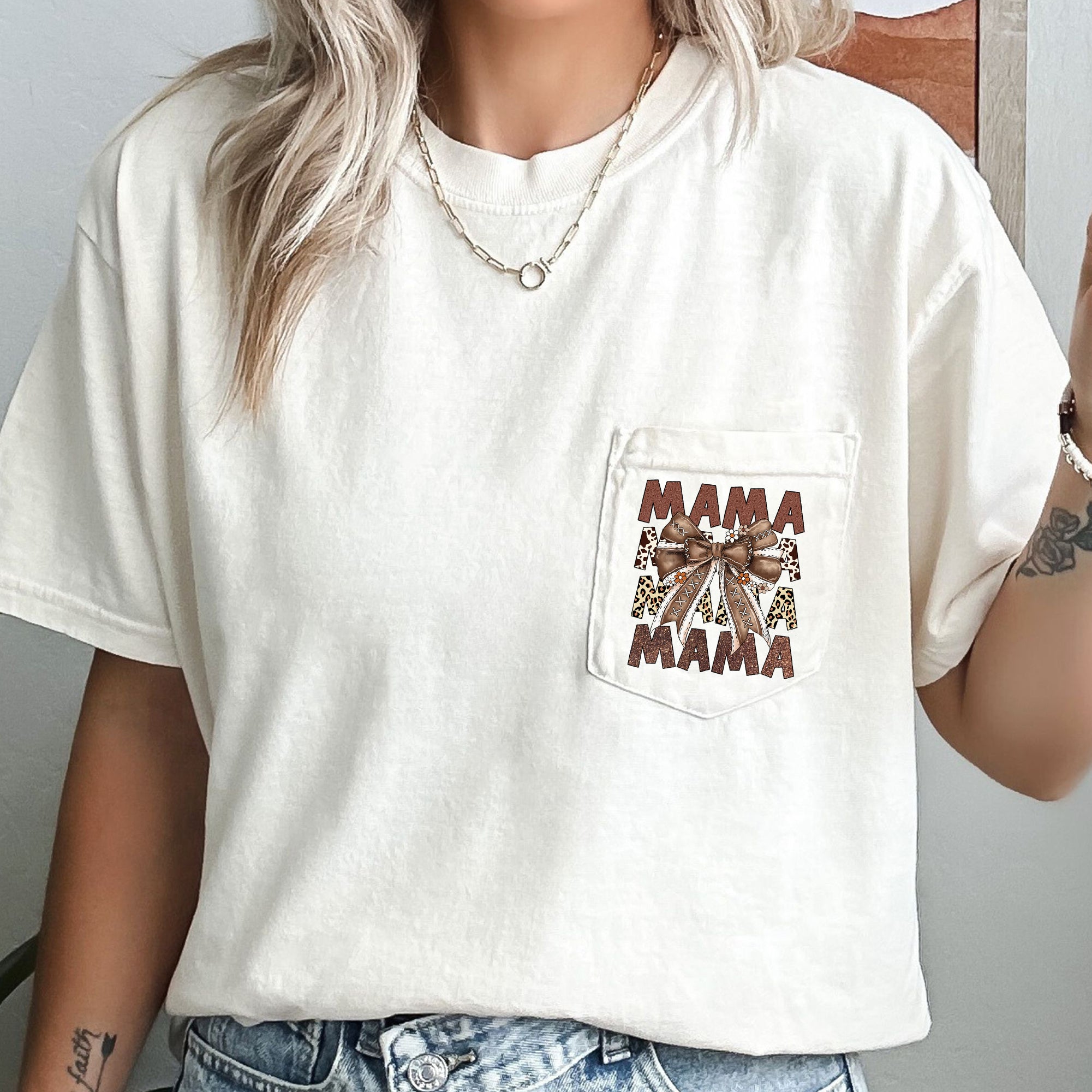 Retro Autumn Mama, Bow, Football, Ribbon, Game Day, Pocket Tee Comfort Colors T-Shirt