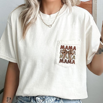 Retro Autumn Mama, Bow, Football, Ribbon, Game Day, Pocket Tee Comfort Colors T-Shirt
