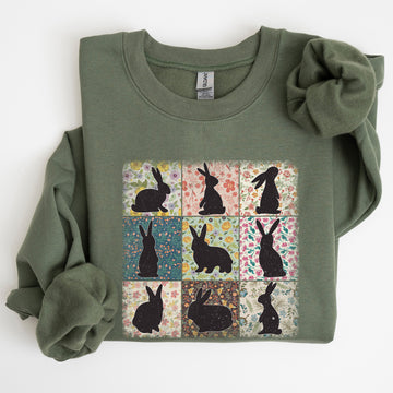 Retro Floral Print, Easter Bunnies, Quilt Sweatshirt