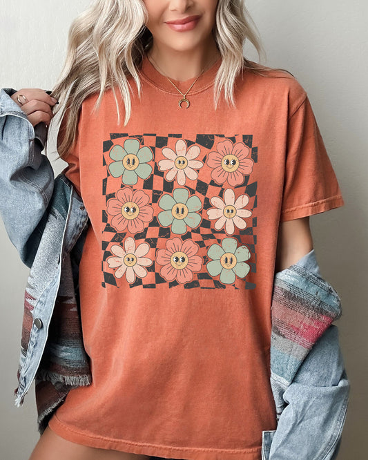 Retro Flowers, Checkered, Daisies, Hippie, Cute, Positivity Shirt