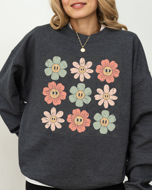 Retro Flowers, Checkered, Daisies, Hippie, Cute, Positivity Sweatshirt