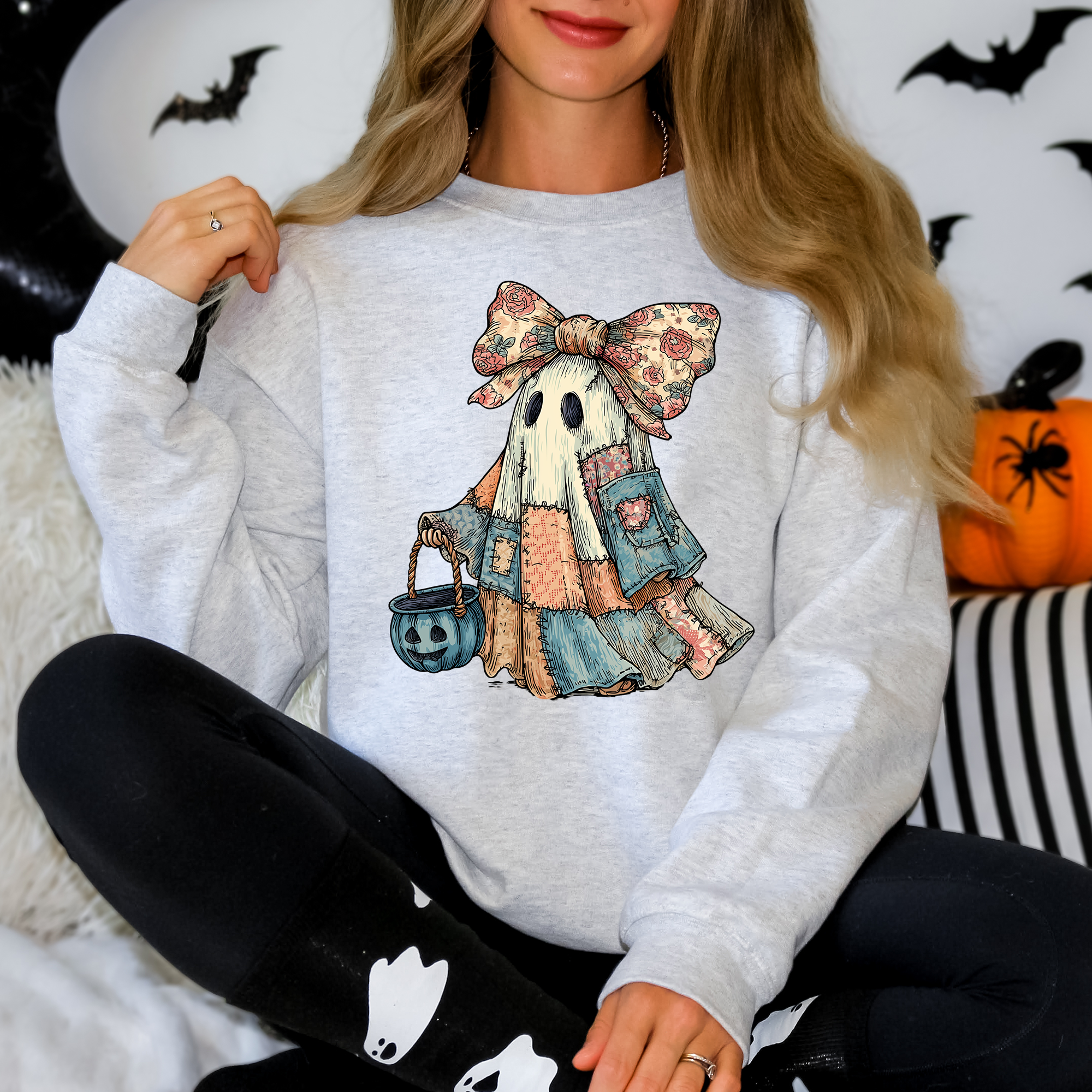 Retro Halloween Ghost Sweatshirt Faux Patchwork Coquette Retro Halloween Ghost Sweatshirt Faux Patchwork Coquette